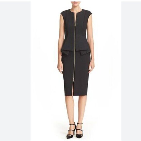 TED BAKER JUMANA BLACK FOREST GREEN COLORBLOCK PEPLUM ZIP UP MIDI DRESS - M - Picture 1 of 10